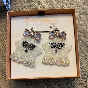 Betsey Johnson Sparkling Ghost Earrings with Pink Accents
